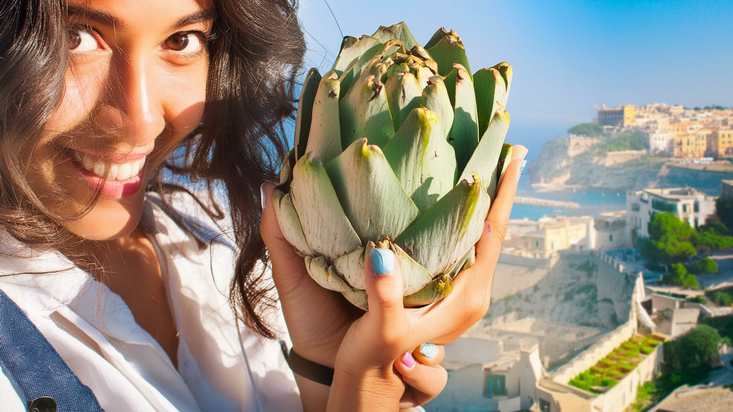 Ragazza con carciofo in mano e sonfdo città